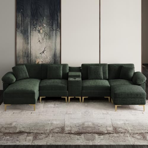 Image of OUYESSIR U-Shaped Sectional Sofa Couch, 4 Seat Sofa Set for Living Room, Convertible U-Shaped Chenille Couch Set with USB Port Central Console Ottoman,128 inches (Green)
