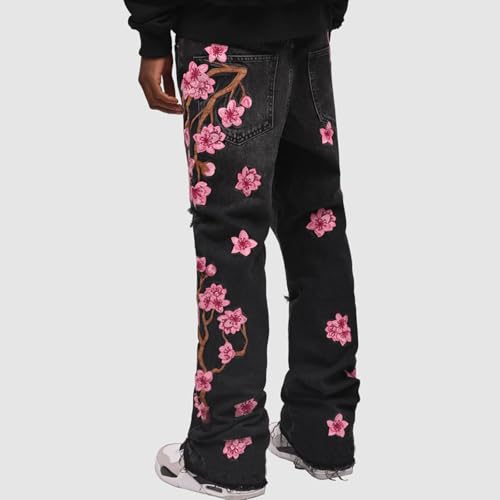Men Floral Embroidered Ripped Jeans Vintage Distressed Baggy Straight Leg Denim Pants Hip Hop Trousers Streetwear3