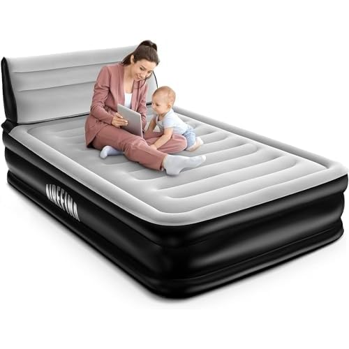 Airefina Double Air Mattress with Headboard, Inflatable Air Bed with Built-in Pump, Comfortable Flocked Surface for Home, Camping & Guests, Fast&Easy Inflation/Deflation Airbed, 700lbs Max