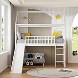 DNYN Twin Size Loft Bed with Slide for Kids Bedroom,House Shaped Solid Wood Bedframe w/Full-Length Guardrail,No Box Spring Needed & Space Saving Design, White