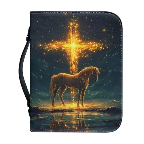 Psesaysky Bible Covers for Women Horse Gold Cross PU Leather Bible Case with Handle Waterproof Bible Protector Lightweight Bible Tote Bag for Man