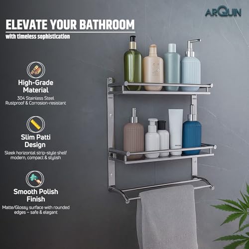Image of ARQUIN 3 Layer Shelf Bathroom Shelf 5x15x16 Inch | 304 Stainless Steel Stand Wall Mount Multi-Purpose Storage Washroom Storage Organizer Shelf | Bathroom Racks & Shelves Wall Rack for Bathroom
