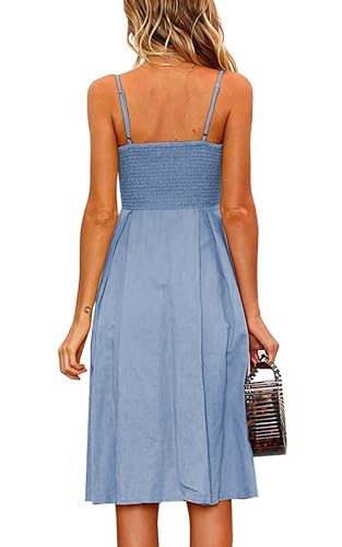 Image of ECOWISH Women 2026 Summer Dresses Tie Front V-Neck Spaghetti Strap Button Down A-Line Backless Swing Midi Dress