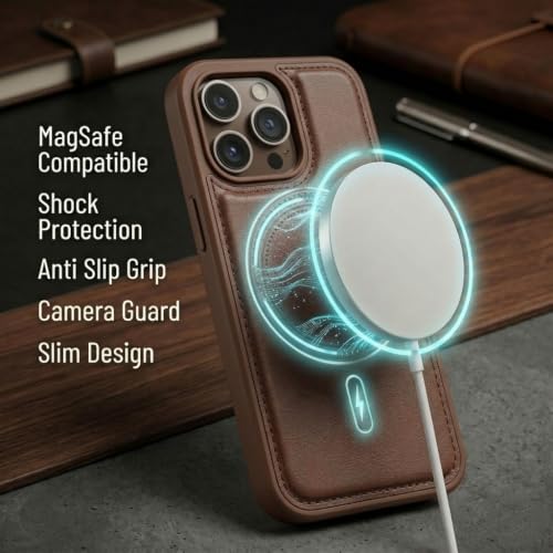 Image of amazon basics Premium PU Leather Case for iPhone 14 Pro, MagSafe Compatible Magnetic Ring, Sleek Protective Back Cover - [Brown]