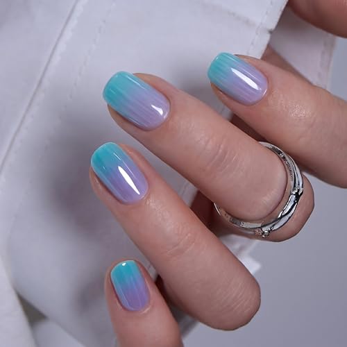 Image of CurvLife Short Squoval Press On Nails, Light Blue, Lagoon Mist, Soft Gel