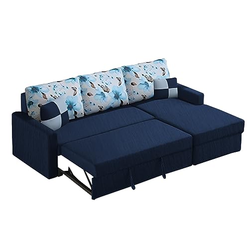 Image of Orland 4 Seater LHS L Shape Sofa Cum Bed for Living Room | Color - Blue | Premium Fabric Sofa