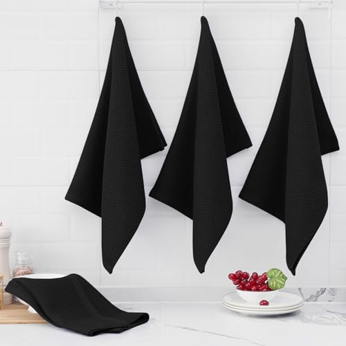 Image of Homaxy 100% Cotton Oversized Waffle Weave Kitchen Dish Towels, Ultra Soft Absorbent Quick Drying Cleaning Towel, 20 x 28 Inches, 8-Pack, Black