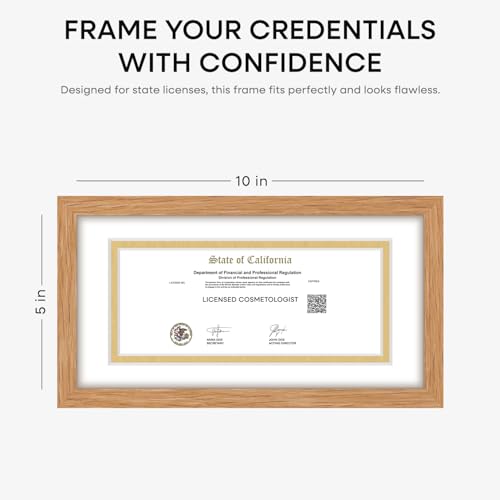 Image of Homeforia 5x10 Business License Frame Wood, High End Natural Oak 5 x 10 Document Certificate Frames with Mat 4x9 inch, 10x5 Light Wooden Frames for Wall or Tabletop, Tempered Glass, Wall Kit, Set of 2