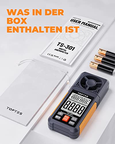 Foto von TopTes TS-301 Digitaler Windmesser mit 2,26-Zoll-LCD-Bildschirm Anemometer Handheld Hintergrundbeleuchtung Wind Speed Meter Gauge, Präzise Messung der Windgeschwindig für HLK-Segeln/Surfen/Drohne