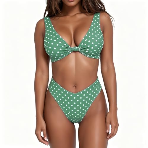 Image of geluboao Bikini Set for Women Solid V Neck Knot Front Push Up High Leg Thong Two Piece Swimsuit