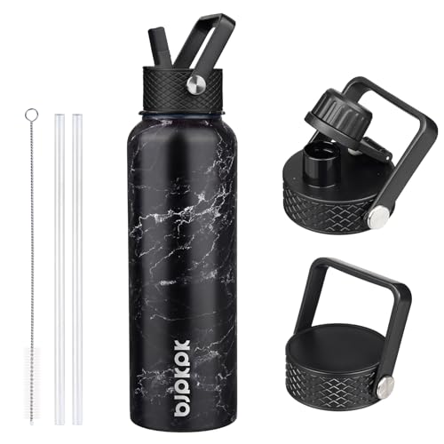 Image of BJPKPK Insulated Water Bottles with Straw Lid, 40oz Stainless Steel Water Bottles with 3 Lids, BPA Free Leakproof Thermo, Tumblers, Cups for Sports, Gym- Midnight