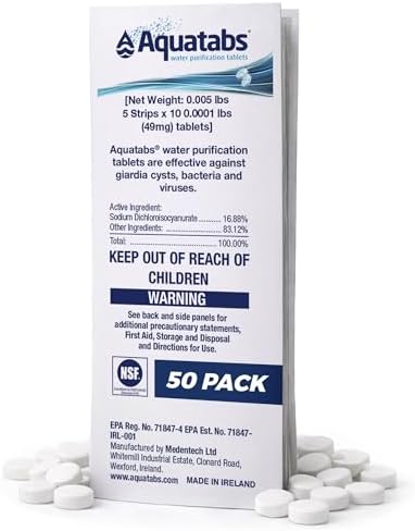 Aquatabs 49mg Water Purification Tablets, 50 Pack, Hiking & Camping