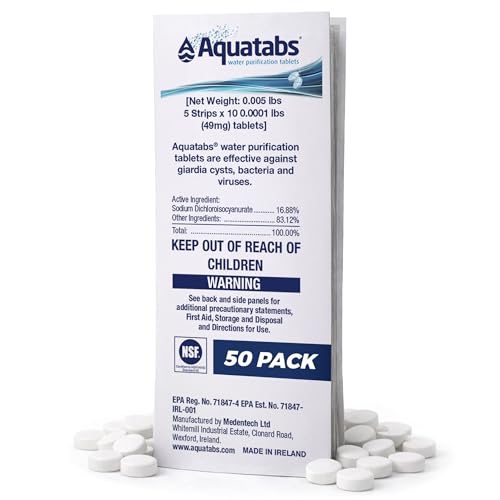 Aquatabs 49mg Water Purification Tablets (50 Pack). Water Filtration System for Hiking, Backpacking...