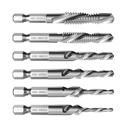 HJ-hghpiftr 6 Stück Kombi-Bit Bohrer und Gewindeschneider Set, M3 M4 M5 M6 M8 M10 Gewindebohrer mit Sechskantschaft,Kombigewindebohrer mit Sechskantschaft, für Metall, Holz, Kunststoff