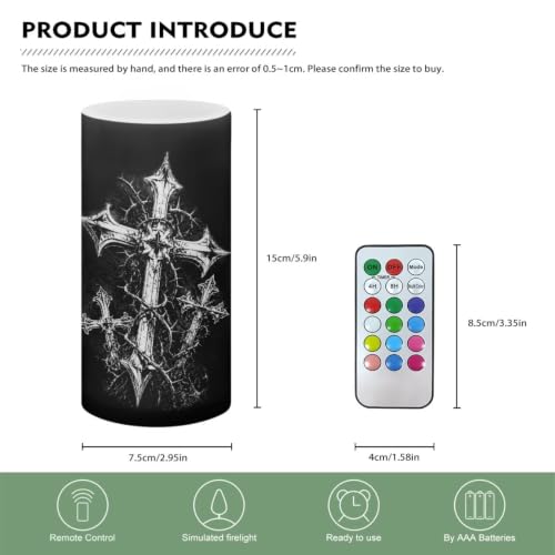 Image of Poceacles LED Flameless Candles Battery Operated Candles with Remote Control Timer Flickering Wick Pillar Tealight for Home Outdoor Decor, Cross Thorns Print Black
