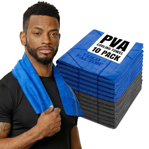 COLD FACTOR Premuim PVA Cooling Towel-10 Pack-Chill Pad Lasts up to 5 Hours-for Neck and Face-UPF 50+ (Blue and Gray)