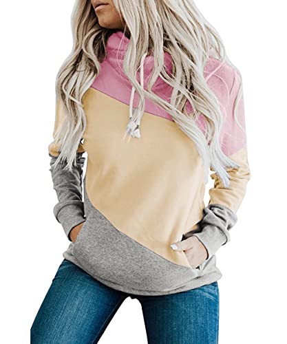 Barlver Womens Zip Up Hoodie Color Block Cowl Neck Drawstring Hooded Sweatshirt Sweater Pullover Top Pink Xl #TOP16