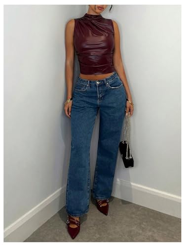 Floerns Women's PU Faux Leather Sleeveless Tank Top Ruched Mock Neck Y2k Vest Shirts4