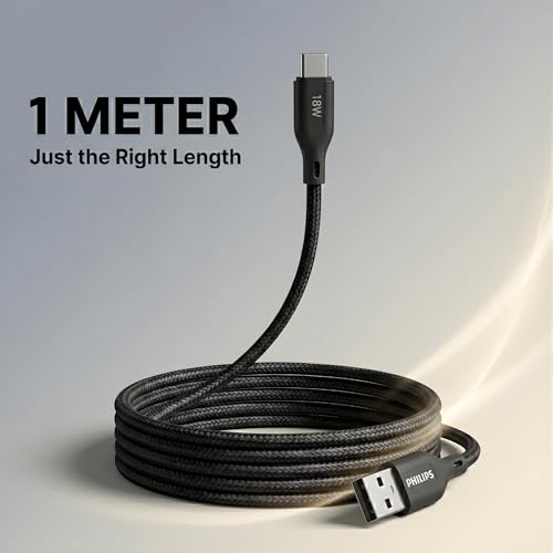 Image of PHILIPS DLC4130AB /94 18W Type-A to Type-C Fast Charging Cable (1m, Dark Slate) | Nylon Braided | Compatible with iPhone 15+ Series, USB-C iPad Models, Samsung Galaxy & All Type C Devices