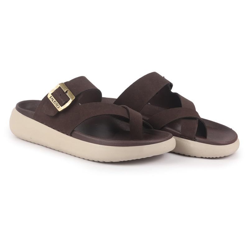 Image of FAUSTO Men Toe Ring Criss Cross Buckle Strap Side Stitched Waterproof Summer Slip On Sandals|Comfort Sole|Lightweight Slippers for Rainy Monsoon Season
