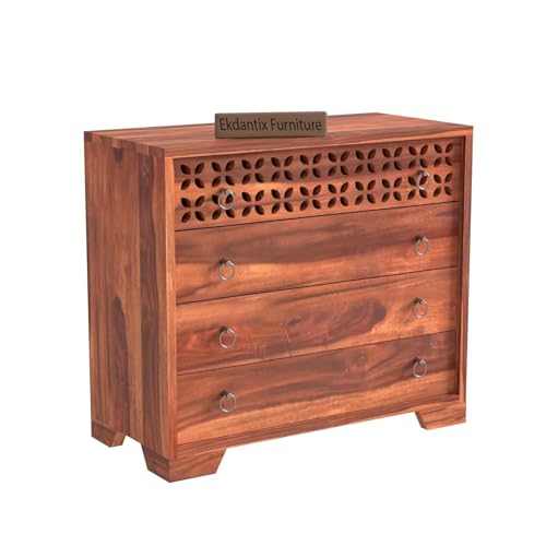 Image of Sheesham Wood Dressers Chests of 4 Drawers | Kitchen Crockery Cabinet Unit | Sideboard Storage Cabinets | Bedroom Furniture | Wooden Chests of Drawers (Honey Finish)