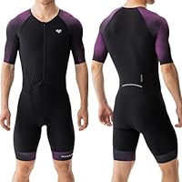 MY KILOMETRE Herren Triathlon Anzug – Einteiler Kurzarm Trisuit Schnelltrocknend Atmungsaktiv mit Rückentasche für Rennen und Training (Lila M)