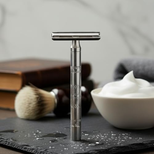 Image of Classic Double Edge Safety Razor, Stainless Steel Handle, Engraved Pattern, Polished Finish
