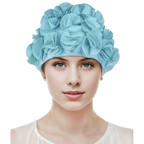 Medifier Cuffia da nuoto retrò con petali di fiori 3D vintage cuffia da doccia per donne ragazze blu pavone