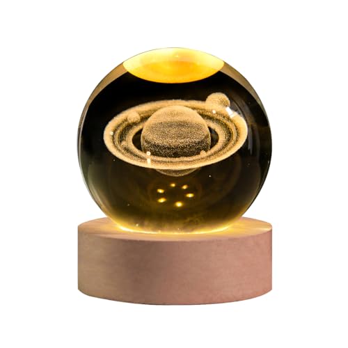 AOFEGRLT 3D Saturn Crystal Ball with LED Stand 60mm Glass Sphere Decorative Balls Space Planet Galaxy Lamp Night Light Gifts for Women Kids
