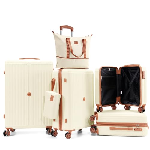 Image of Hoteel Luggage Set 6 Piece, 4-Year Warranty, PC+ABS Suitcases with Wheels Hard Shell Suitcase with TSA Lock, Including Waterproof Luggage Bag, Travel Maletas for Men and Women, Beige(16 /20 /24 /28Inch)