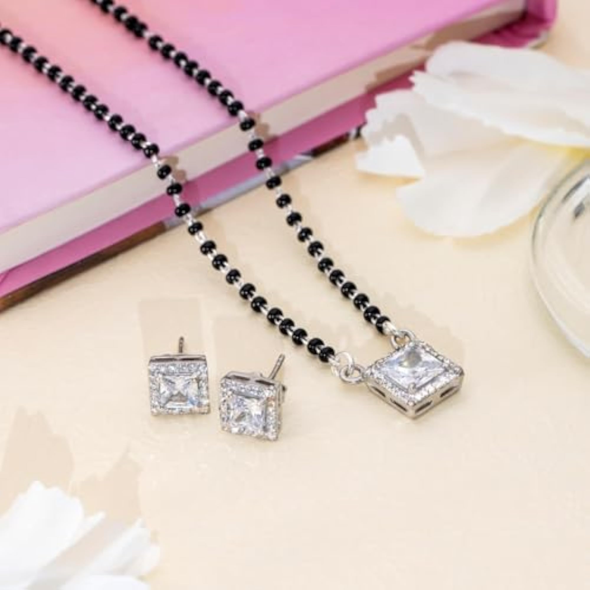 925 Sterling Silver Cubic Zirconia Mangalsutra Set with Stud Earrings