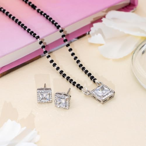 925 Sterling Silver Cubic Zirconia Mangalsutra Set with Stud Earrings