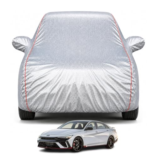 Image of Premium Car Cover for Hyundai's Elantra Model | Waterproof, UV & Dust Protection | Mirror & Antenna Pocket | Triple Stitched, Soft Inner Lining, Belt & Buckle (Metalic Silver)