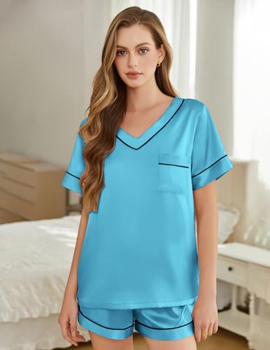 Image of Silk Pajamas for Women Short Sleeve Satin 2 Piece Pj Set Soft V Neck Sleepwear Loungewear, S-XXL