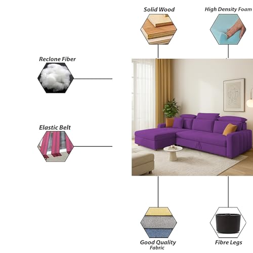 Image of Casaliving Gagnon LHS 4 Seater L Shape Corner Sofa Cum Bed for Living Room (Purple Fabric) Premium Fabric Sofa