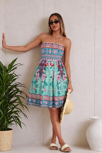 Image of Summer Dresses for Women Strapless Sundress Floral Print Beach Cover Ups