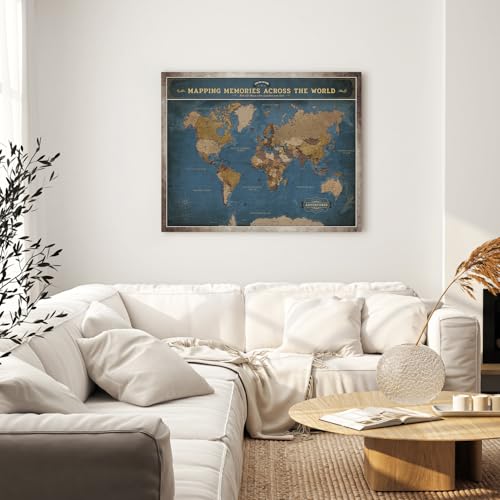 Image of DECORARTS - Large World Travel Map with Pins, Pin Board Canvas Wall Art, Modern Navy Blue Maps for Wall Decor, Giclee Print on Canvas, Handcrafted in USA, 35x28''
