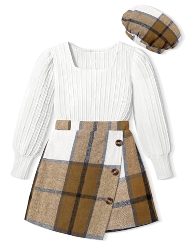 Image of AGAPENG Girl Skirt Sets 3 Piece Outfits Square Neck Jacquard Puff Sleeve Tops Plaid Mini Skirt Shorts Fall Winter Clothes