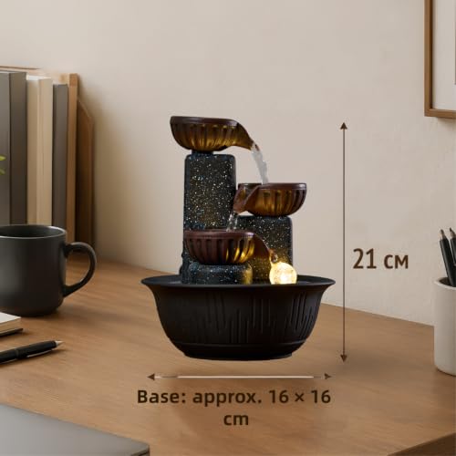Image of 3-Tier Tabletop Water Fountain with Warm Ambient Light, Cascading Bowl Design, Compact Indoor Desk Decor, 8.3x6.3 inch Indoor Calming Cascading Waterfall Fountain (Brown)
