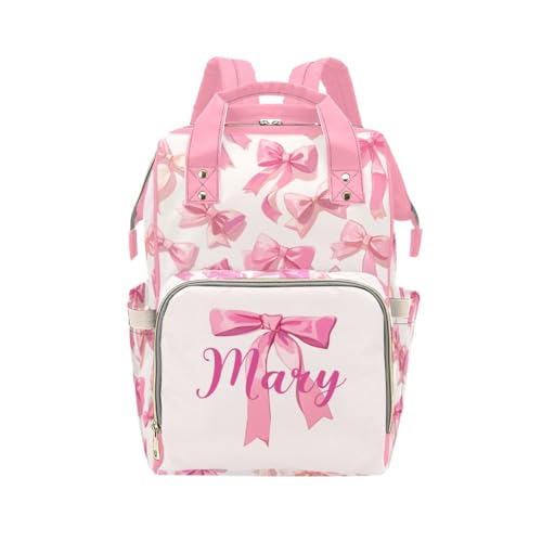 Custom Diaper Bag Backpack for Women, Personalized Name Nursing Mommy Daypack, Pink Bow Diaper Bag for Baby Girls, New Mom Gifts
