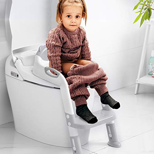 Victostar Potty Training Seat with Step Stool Ladder, Foldable Potty Training Toilet for Kids Boys Girls Toddlers-Comfortable Cushion Safe Handle Anti-Slip Pads (Gray)