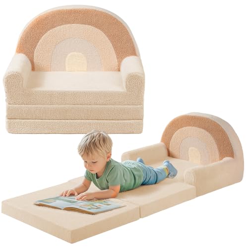 Image of little dove Extra Wide Soft Toddler Couch Fold Out, 2-in-1 Kids Couch, Convertible Kids Sofa to Lounger, Comfy Toddler Chair, Kid Furniture for Playroom, Ideal Gifts for Boys & Girls, Beige