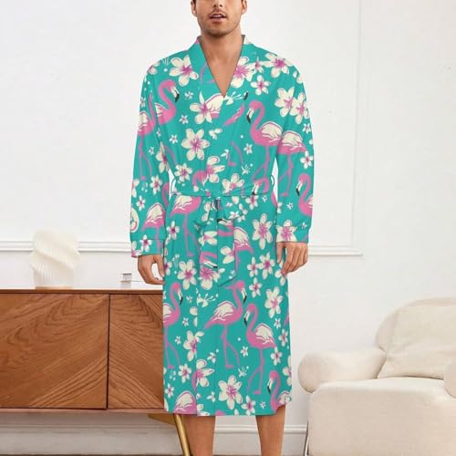Flamingo Cherry Flowers Soft Robe Long Sleeve Bathrobes V Neck Sleepwear Spa Robes with Belt Men Woman2