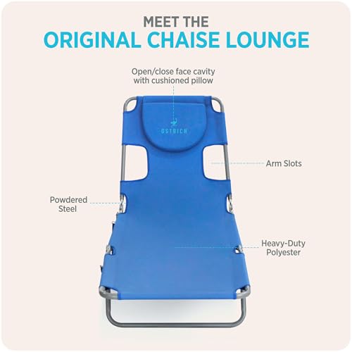 Ostrich the Original Chaise 72 x 22 Inch Lounge Portable Reclining Lounger, Outdoor Patio, Beach, Lawn, Camping, or Pool Tanning Chair, Ocean Blue - Thumbnail 6