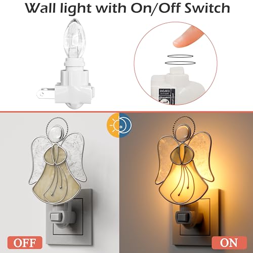 Image of Stained Glass Yellow Guardian Angel Night Lights Plug into Wall | Plug in Night Lights Into Wall Socket Decorative Nightlight for Bedroom Hallway,Mothers Day Gifts for Mom Birthday Christmas