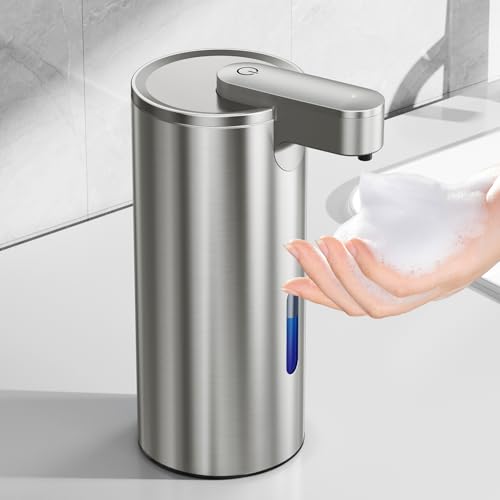 Fantictas Dispensador de jabón automático sin contacto, acero inoxidable, 11,5 oz, 3 niveles ajustable, dispensador de jabón de manos con bomba de sensor recargable para cocina y baño jabón de espuma