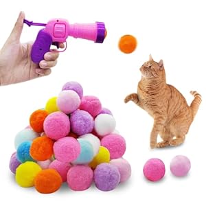 Andiker Cat Toy Balls Set, 30pcs Plush Cat Pom Pom Balls&a Plastic Launcher Set for Cat Catch&Fetch Interactive Cat Toy with Colorful&Soft Cat Balls for Indoor Cats to Keep Fit (Pink 30pcs)