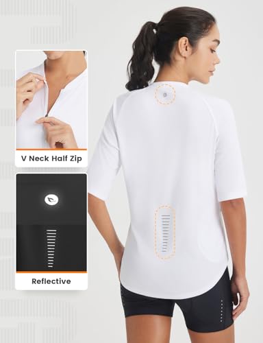 baleaf Cycling Jersey Women Half Sleeve Bike Shirts Quick Dry Half Zip Biking Tops UPF 50+ Pockets Workout Runing Hiking White M
