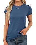 Memorose Womens Short Sleeve Tops Summer T Shirts Round Neck Fashion Causal Basic Tee Blue M