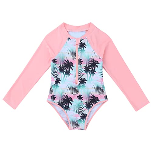 Kids Girls Rashguard Swimsuit UPF 50+ Long Sleeve Zip Front Bathing Suit Summer Swimwear with Palm Print3